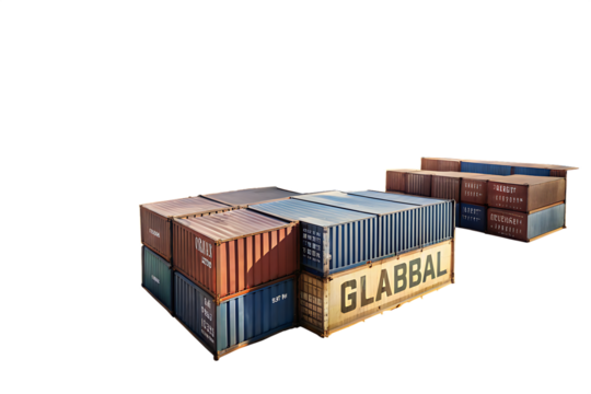 Surreal Vast Desert Landscape Divided by Towering Walls of Shipping Containers Symbolizing Global on white background ,PNG.AI Generated.