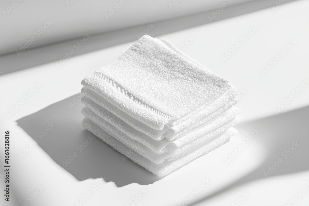 Poster Stack of crisp white towels arranged neatly on a bright surface for a fresh and clean look in a bright setting