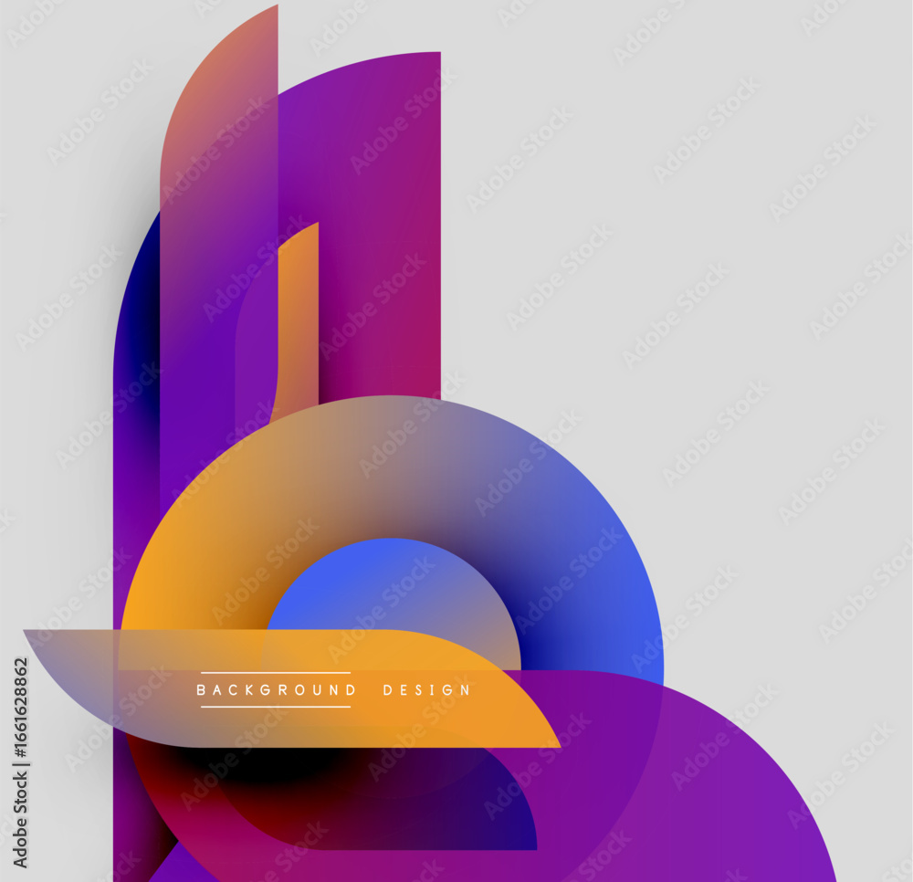 Poster abstract colorful shapes overlap, creating dynamic visual effect. gradient hues blend, forming moder