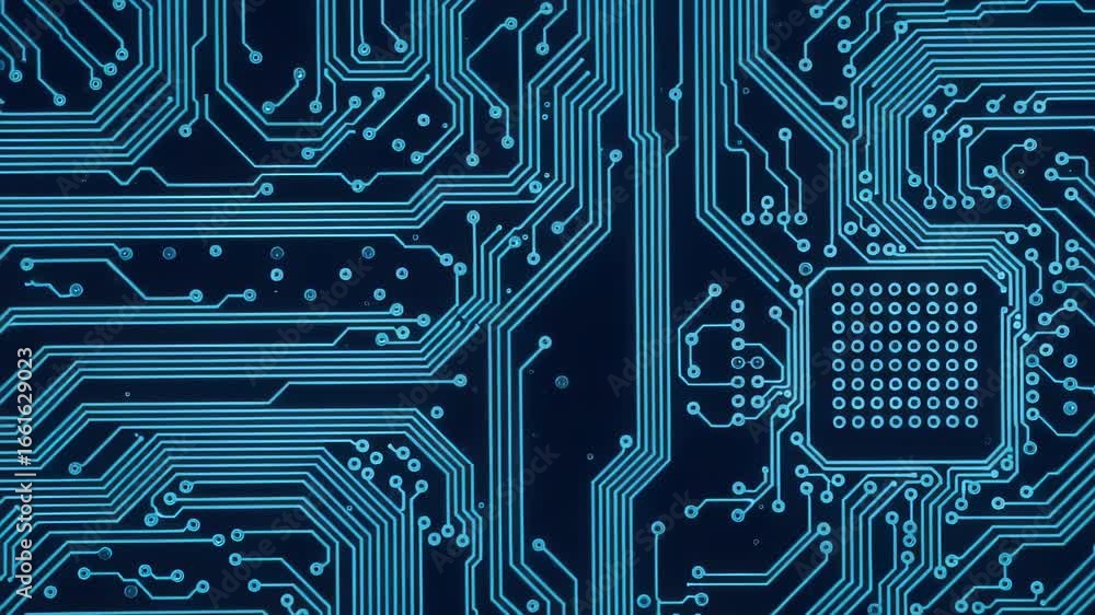 Poster A closeup view of a complex blue electronic circuit board, showcasing intricate pathways and a central processor, representing advanced technology and digital systems