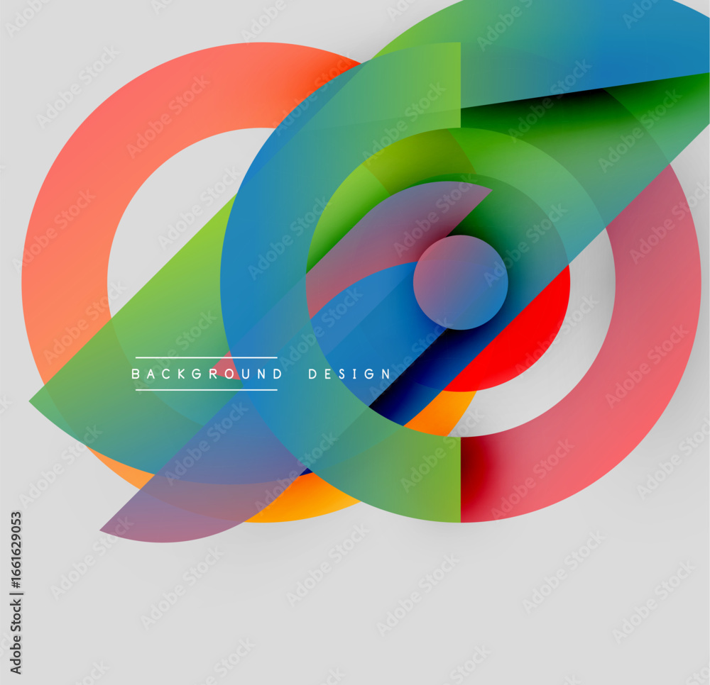 Poster abstract colorful shapes overlap. circles, curves create dynamic visual effect. modern design elemen
