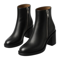 Black leather ankle boots with block heels and side zipper for autumn-winter wear