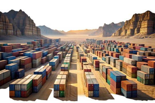 Surreal Vast Desert Landscape Divided by Towering Walls of Shipping Containers Symbolizing Global on white background ,PNG.AI Generated.