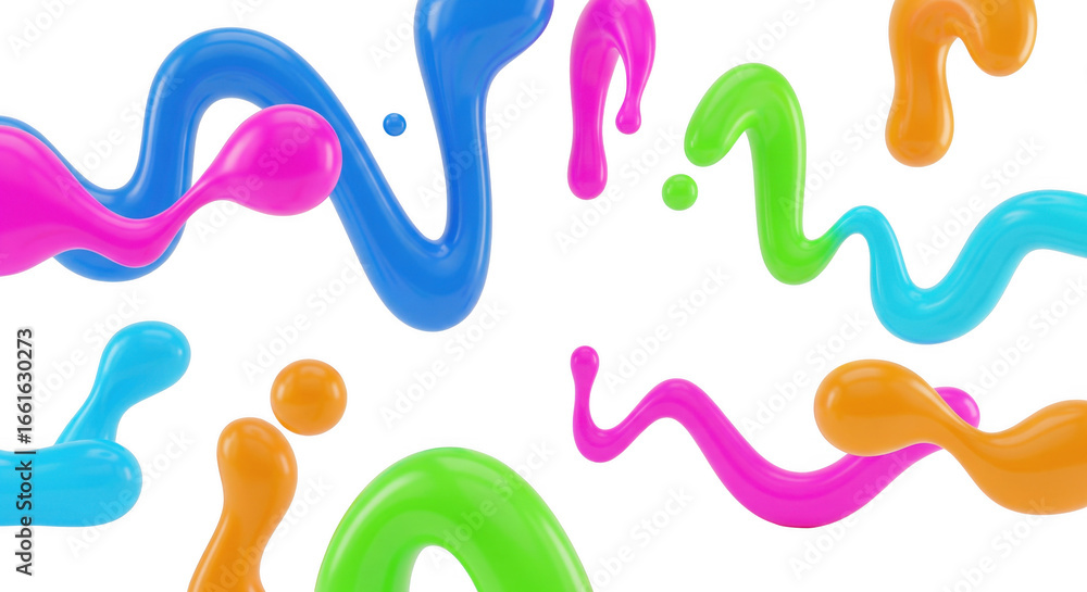 Poster dynamic rendering of multicolored fluid shapes in a playful abstract composition