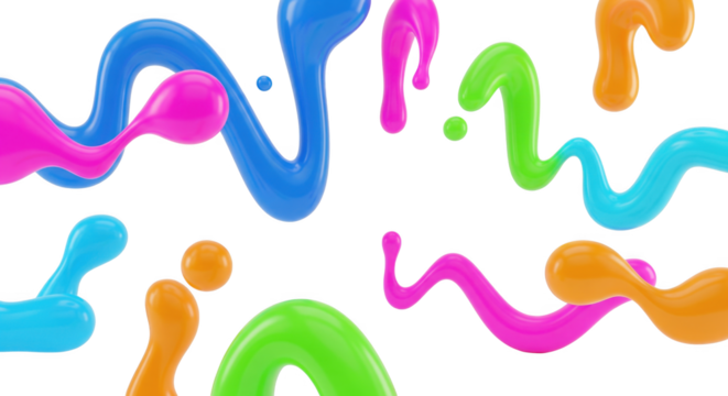 Dynamic rendering of multicolored fluid shapes in a playful abstract composition