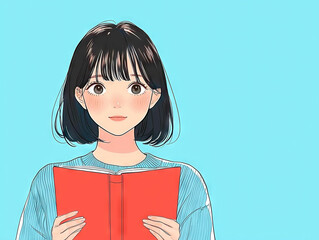 Shy girl holding red book with surprised expression, set against bright blue background