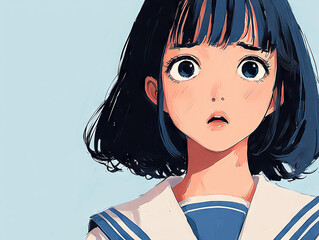 High school girl with short dark hair and wide, expressive eyes looks anxious, wearing sailor style school uniform against