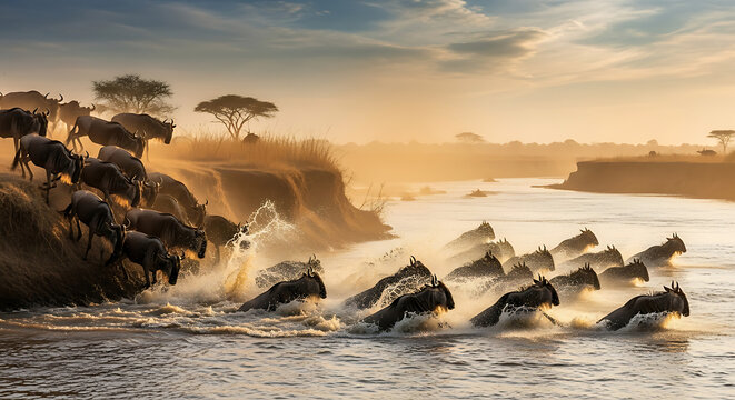 Wildebeest migration across a river in Africa, with a herd splashing through the water.