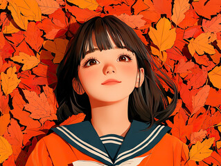 Cheerful high school girl in sailor uniform lies on vibrant orange autumn leaves, evoking warmth and serenity