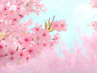 Pink cherry blossoms in full bloom against soft blue sky, creating serene and dreamy atmosphere