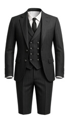 Charcoal grey pinstripe three-piece suit with a double-breasted waistcoat