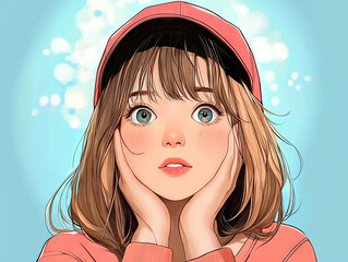 Cute girl with expressive blue eyes and surprised expression, wearing pink cap and sweater, set against soft blue background