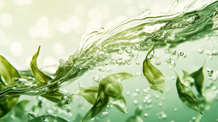 Tea leaves gracefully spinning in water creating delicate swirling patterns while light green tea infused slowly releasing natural colors and textures captured in with soft reflections and clarity