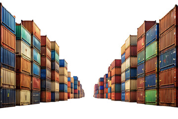 Surreal Vast Desert Landscape Divided by Towering Walls of Shipping Containers Symbolizing Global on white background ,PNG.AI Generated.