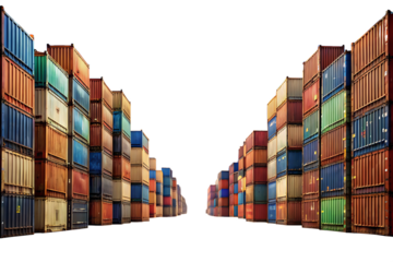 Surreal Vast Desert Landscape Divided by Towering Walls of Shipping Containers Symbolizing Global on white background ,PNG.AI Generated.