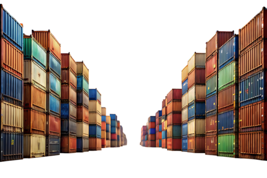 Surreal Vast Desert Landscape Divided by Towering Walls of Shipping Containers Symbolizing Global on white background ,PNG.AI Generated.