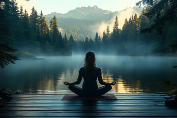 A woman practicing yoga on a wooden deck next to a serene mountain lake, morning mist, lotus position, back to the camera, deep meditation, soft natural lighting and cinematic depth of field.