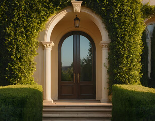 Fototapeta premium Grand arched doorway of a luxurious home, surrounded by elegant hedges and golden hour light. Elegant Archway Entrance with Garden View at Sunset. Classic Doorway Opening to a Beautiful Green Garden.