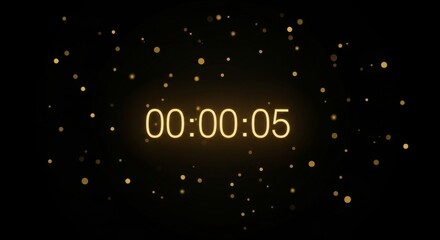 A digital countdown timer displaying zero hours zero minutes and five seconds with bokeh lights around