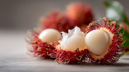 Whole rambutan fruit with peeled segments on a neutral background showcasing its unique texture and appearance