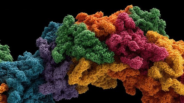 Colorful abstract molecular structure displays complex interconnected biological components. Detailed textured pattern of a vibrant macromolecule against a black background.