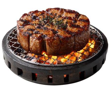 Grilled beef torch seared Japanese yakiniku style thick steak juicy flame barbecue savory delicious gourmet meal outdoor cooking