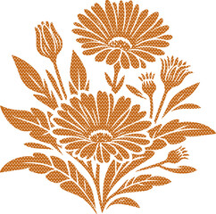 A charming bouquet of stylized calendula flowers and buds, rendered in a rustic orange with polka dots. Perfect for autumnal designs.