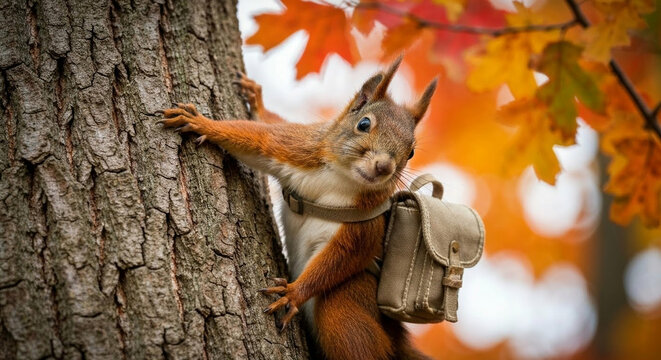 Adventurous red squirrel with a tiny backpack climbing a tree trunk in a vibrant autumn forest.