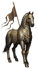 Fototapeta premium A Majestic Warhorse Adorned in Ornate Silver and Gold Armor, Bearing a Brown Standard High