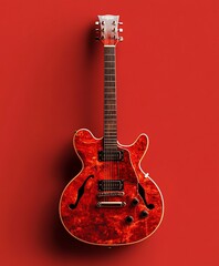 Jazz guitar displayed against a simple crimson wall creating a bright, colorful, and modern musical template
