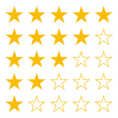 Obraz premium Five yellow stars rating icon customer review feedback isolated on transparent background. 1 star. 2 stars. 3 stars. 4 stars. 5 stars. star rating stars