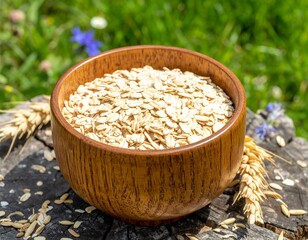 Wooden bowl of oats on a stump, surrounded by grass and wildflowers