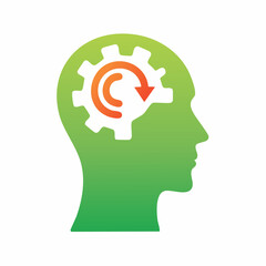 Human Head Profile with Gear and Circular Arrow Representing Thinking Process