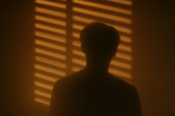 moody silhouette of man standing in front of window blinds with warm orange light and dramatic shadows