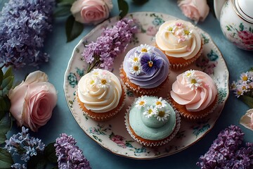 Soft tinted miniature cakes and blossom arrangement overhead view seasonal cookery
