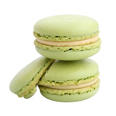 Three delightful light green macarons with a creamy filling are beautifully arranged and isolated, ready for a transparent background design.