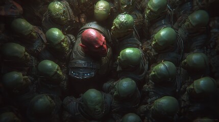 Menacing Orcish Horde: A Sea of Green Skins with a Red Leader Emerging
