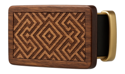 Wooden belt buckle with a geometric pattern etched on the surface