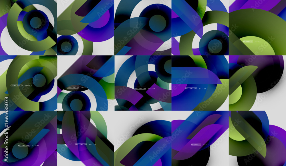 Poster abstract composition. overlapping circles create fluid shapes, vibrant colors, dynamic patterns. mod