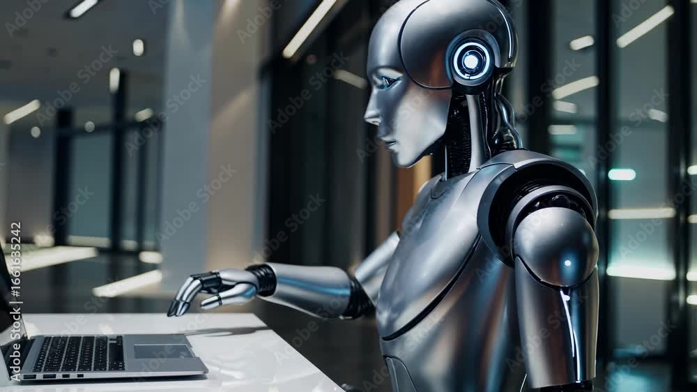 Poster a futuristic robot using a laptop in a sleek office. side angle captures the tech theme, ideal for a