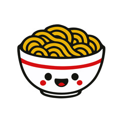 Adorable kawaii noodle vector in a white bowl with a expressions face. Perfect for Japanese food design, kids menu, restaurant branding, and cute cartoon artwork.