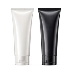 Two simple white and black cosmetic tubes standing upright, isolated on a transparent background, ready for product design.