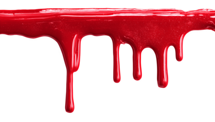 Glossy red paint stain with drips and shiny highlights on a transparent background