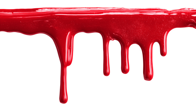 Glossy red paint stain with drips and shiny highlights on a transparent background