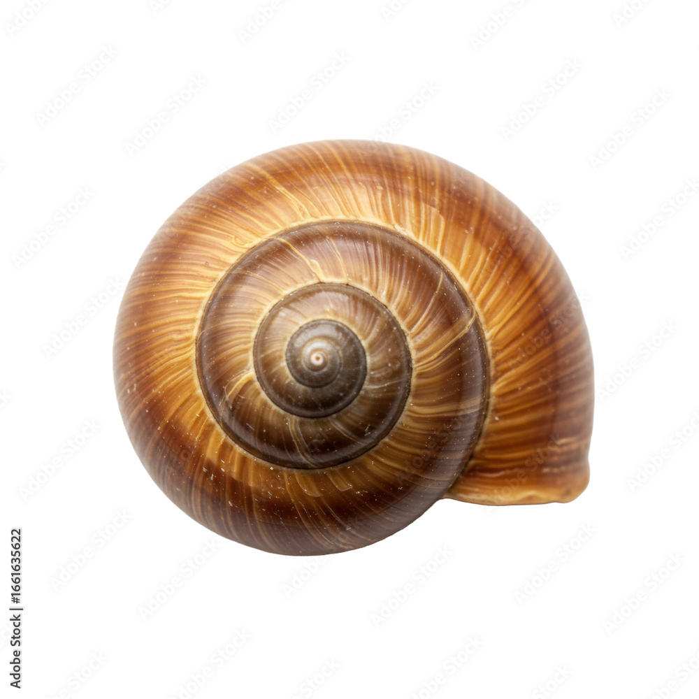 Poster a single, perfect snail shell with intricate natural spiral patterns and earthy tones, isolated on a