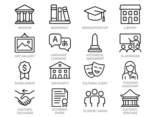 Naklejka premium Set of 16 thin line icons representing education and culture, including museum, bookshelf, graduation cap, library, art gallery, language learning, and more.
