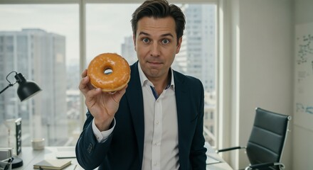 Man holding a donut and smiling in a modern office setting  