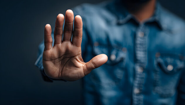 person's hand showing palm gestures stop, concept violence, warning, refuse, defense, caution. the hand sign of men a stop
