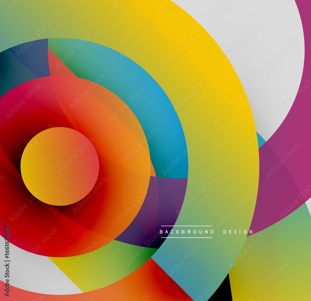 Poster abstract colorful circles overlap creating dynamic visual effect. bright hues blend, forming modern 