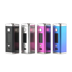 Collection of Four Electronic Vape Mods in Different Colors on White Background e-cigarette isolated on a transparent background